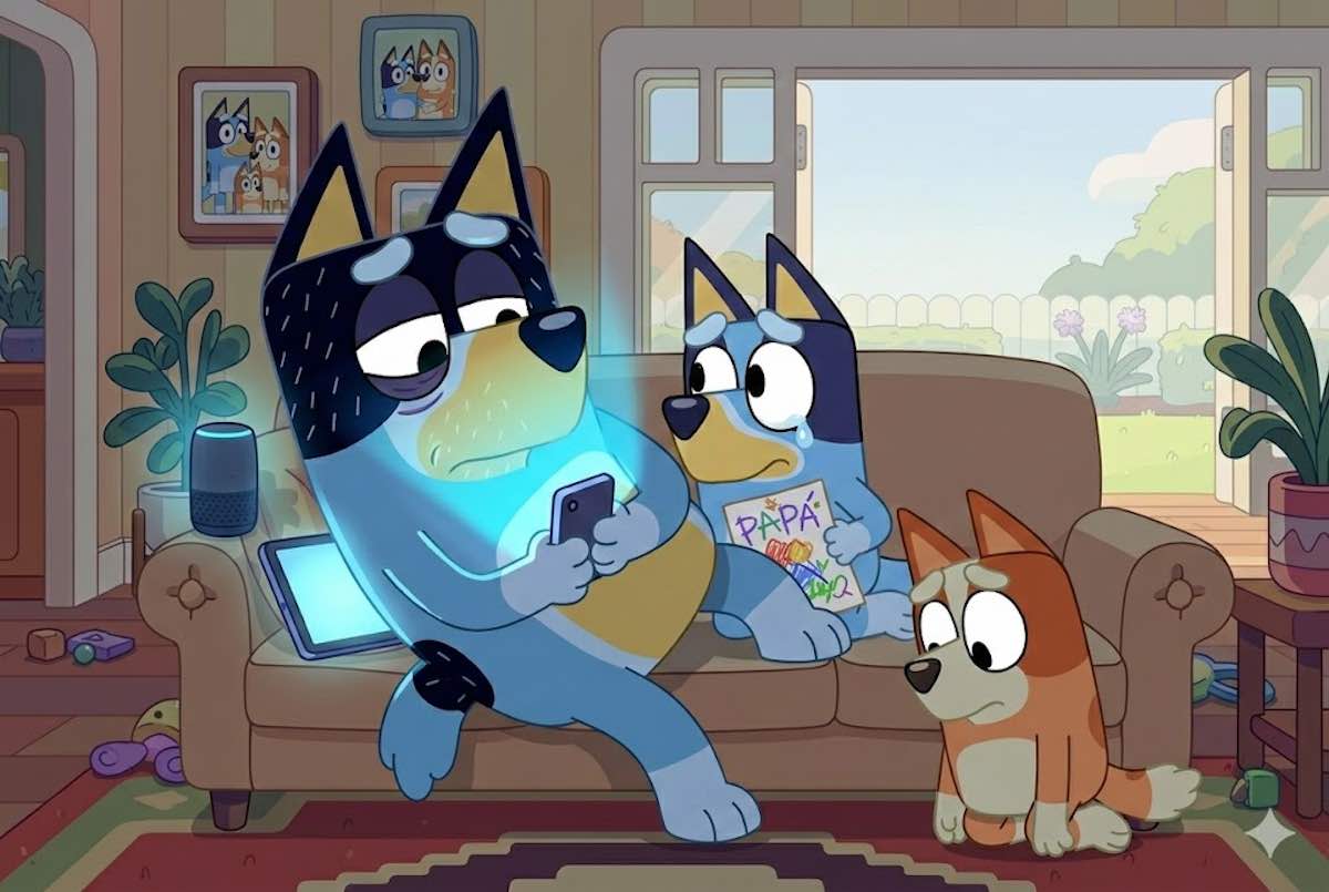 Bandit Heeler sentado en el sofá iluminado por la luz azul del móvil mientras Bluey y Bingo lo observan con curiosidad en su salón colorido.