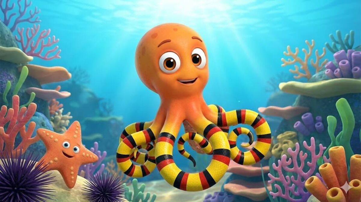 Ilustración de Orlando el pulpo mimo disfrazándose en el arrecife de coral junto a una estrella de mar