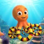 Ilustración de Orlando el pulpo mimo disfrazándose en el arrecife de coral junto a una estrella de mar