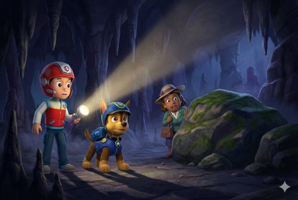 Ryder y Chase de la Patrulla Canina explorando con linternas el interior de una cueva oscura y misteriosa, mientras la Alcaldesa Goodway se esconde asustada al fondo.
