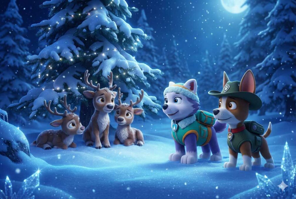 Everest y Tracker de la Patrulla Canina encontrando a los renos de Santa Claus perdidos en un bosque nevado de noche