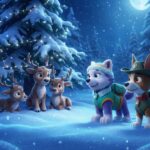 Everest y Tracker de la Patrulla Canina encontrando a los renos de Santa Claus perdidos en un bosque nevado de noche