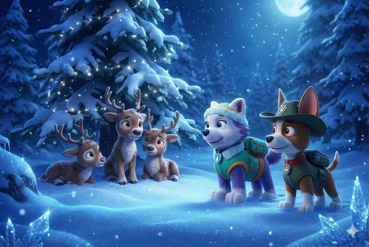 Everest y Tracker de la Patrulla Canina encontrando a los renos de Santa Claus perdidos en un bosque nevado de noche