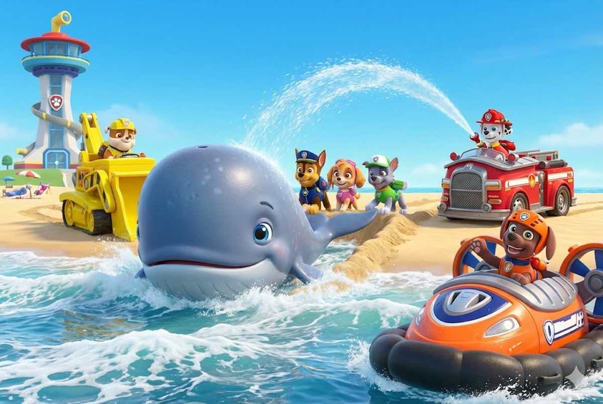 La Patrulla Canina usando máquinas y agua para rescatar a una ballena bebé en la playa.