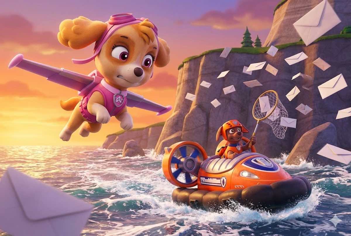 Skye volando y Zuma en su aerodeslizador rescatando cartas de Navidad que caen al mar en los acantilados de Bahía Aventura.