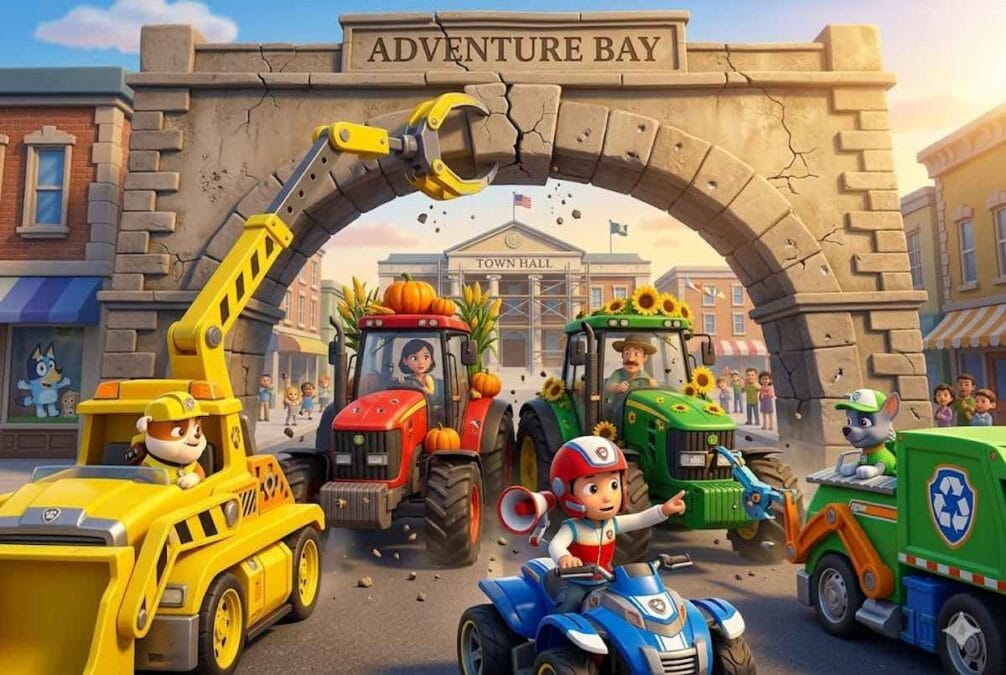 Ryder liderando a Rubble y Rocky en una misión para salvar el arco agrietado y los tractores atrapados de Bahía Aventura.