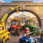 Ryder liderando a Rubble y Rocky en una misión para salvar el arco agrietado y los tractores atrapados de Bahía Aventura.