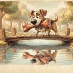 Un perro con un gran hueso en la boca se mira en el río pensando que su reflejo es otro perro con un hueso más grande.