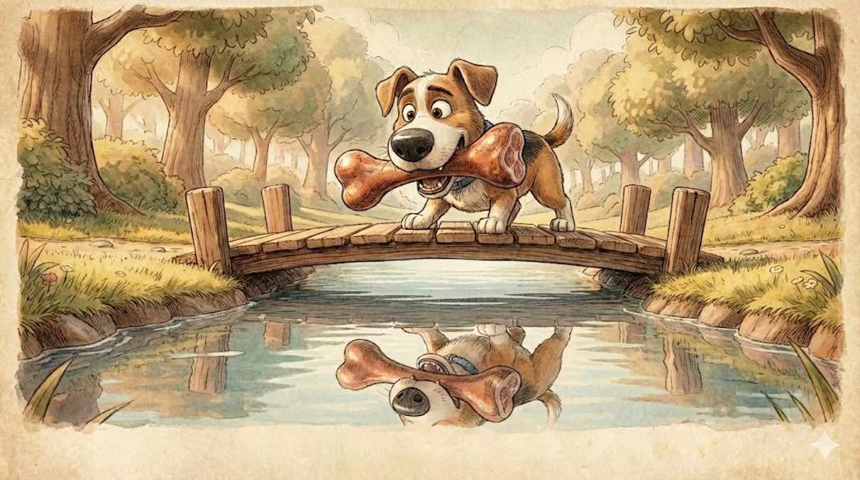 Un perro con un gran hueso en la boca se mira en el río pensando que su reflejo es otro perro con un hueso más grande.