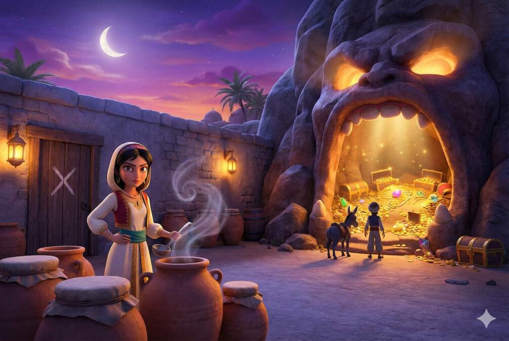 Ilustración 3D para el cuento infantil de Alí Babá y los 40 ladrones. En primer plano, la astuta Zulema prepara aceite hirviendo en vasijas de barro junto a una puerta marcada con una X. Al fondo, Alí Babá y su asno descubren la cueva mágica del tesoro llena de oro y joyas.