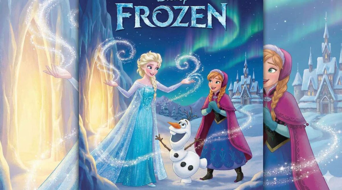 Ilustración de portada del cuento de Frozen para niños, mostrando a Elsa usando su magia de hielo junto a Anna y Olaf frente al castillo nevado.