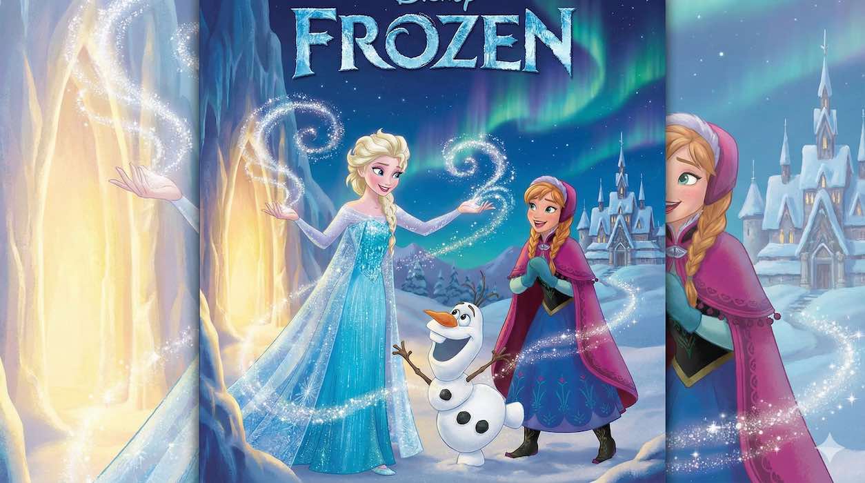Ilustración de portada del cuento de Frozen para niños, mostrando a Elsa usando su magia de hielo junto a Anna y Olaf frente al castillo nevado.