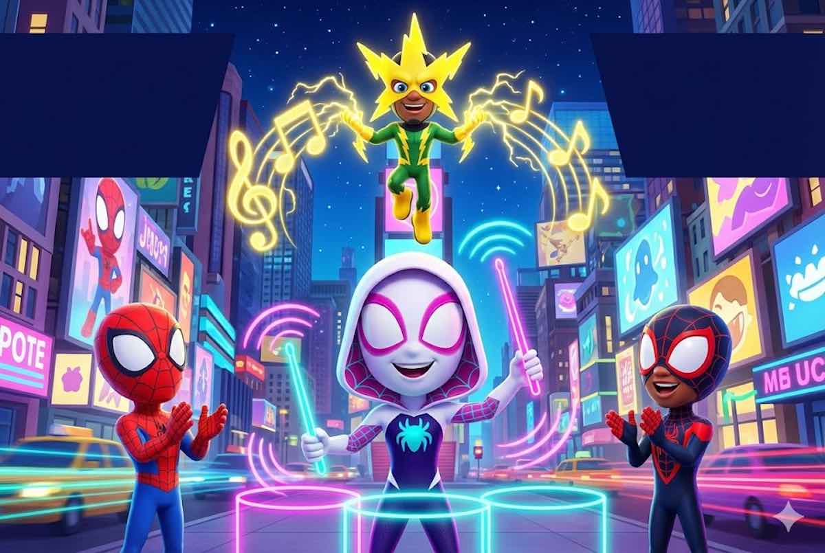 Portada del audiocuento: Ghost-Spider tocando tambores de neón junto a Electro creando música con rayos en Times Square. Estilo Spidey and his Amazing Friends