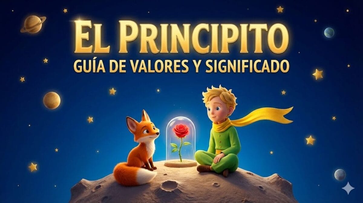 Ilustración 3D estilo Pixar del Principito sentado en su asteroide junto al Zorro y la Rosa bajo la cúpula. En la parte superior, texto dorado que dice: "EL PRINCIPITO - GUÍA DE VALORES Y SIGNIFICADO". Portada para el análisis educativo de la obra.