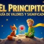 Ilustración 3D estilo Pixar del Principito sentado en su asteroide junto al Zorro y la Rosa bajo la cúpula. En la parte superior, texto dorado que dice: "EL PRINCIPITO - GUÍA DE VALORES Y SIGNIFICADO". Portada para el análisis educativo de la obra.