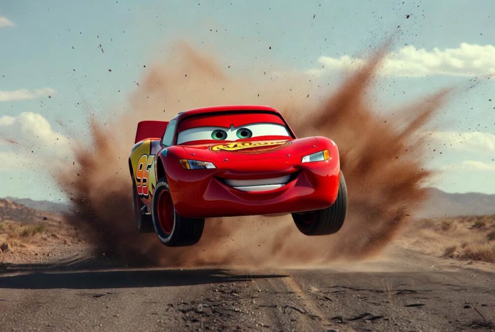 Rayo McQueen dando un gran salto sobre un bache en la carretera de Radiador Springs mientras sus arneses de seguridad lo mantienen firme en su sitio.
