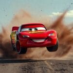 Rayo McQueen dando un gran salto sobre un bache en la carretera de Radiador Springs mientras sus arneses de seguridad lo mantienen firme en su sitio.