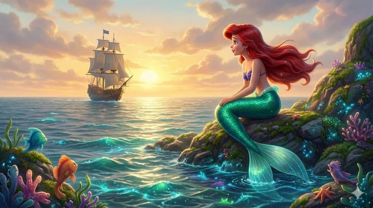 Ariel la sirenita mirando un barco desde una roca en el mar al atardecer