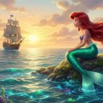 Ariel la sirenita mirando un barco desde una roca en el mar al atardecer