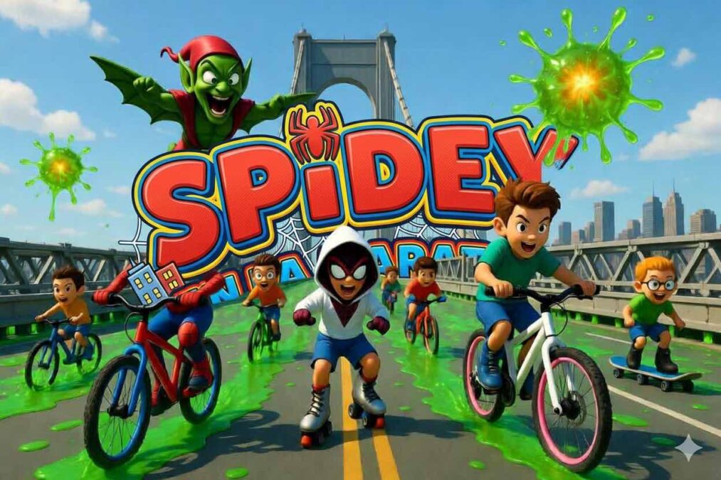 Dibujo de Spidey y Ghost-Spider en bicicleta en Nueva York