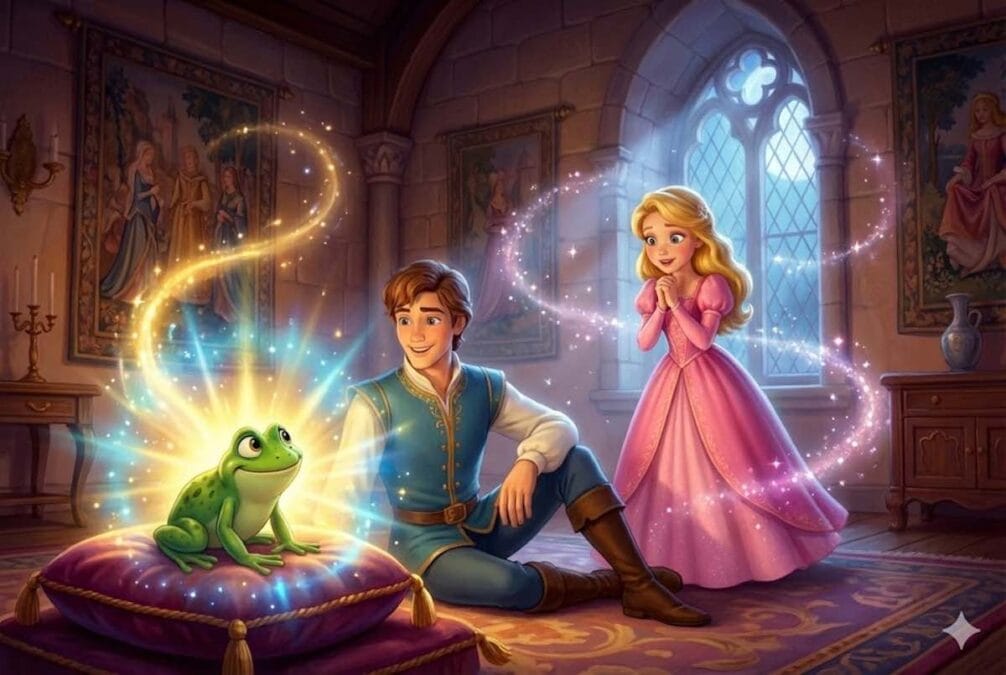 Momento mágico de la transformación del Príncipe Rana frente a la princesa en el castillo