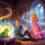 Momento mágico de la transformación del Príncipe Rana frente a la princesa en el castillo