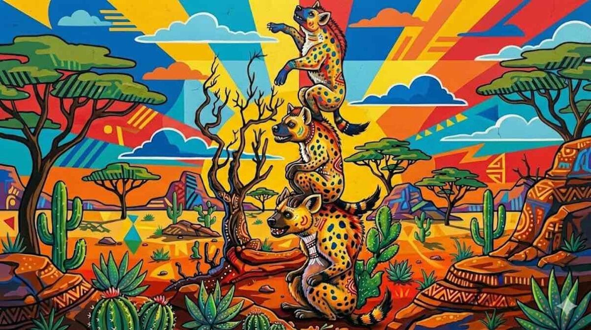 Ilustración de estilo cómic africano vibrante, con patrones geométricos y colores saturados, que muestra una torre formada por cuatro hienas manchadas apiladas una sobre otra intentando alcanzar el cielo en una sabana estilizada.
