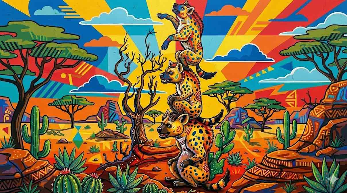 Ilustración de estilo cómic africano vibrante, con patrones geométricos y colores saturados, que muestra una torre formada por cuatro hienas manchadas apiladas una sobre otra intentando alcanzar el cielo en una sabana estilizada.