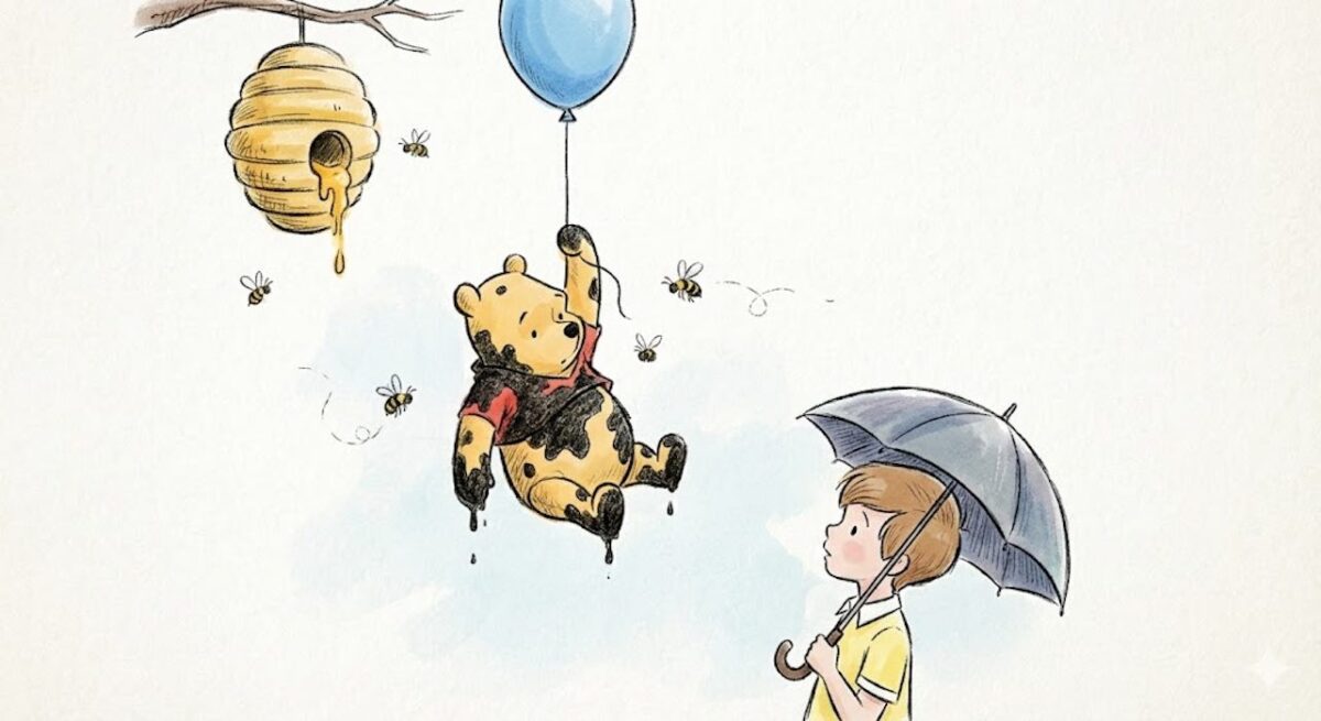 Dibujo minimalista estilo clásico de Winnie the Pooh colgado de un globo azul rodeado de abejas negras.